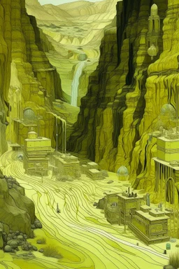 A pale greenish yellow canyon with batteries and high voltage grounds designed in ancient Egyptian hieroglyphics painted by Gustav Klimt