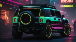 Hummer ultimate Street tuning Mansory Cyberpunk 2077 neon Style Rear View, Super Detailed, desktop wallpaper, 4K