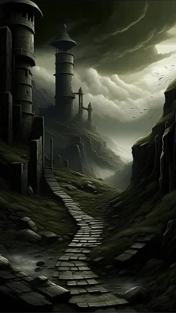 narrow stone path above the ground gradually getting higher into the clouds no railings, dangerous drop people in black leathers medievil period weather is wet spiraling into the clouds fantasy, a mountain with waterfall showing in the background