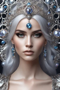 photography realistic portrait of young woman, beautiful, shiny hard eyes, make up, Fantasy style, shiny baubles, ornate, large gemstones, shiny molten metalics, shiny wire filigree, silver hair, high definition, high res, octane render