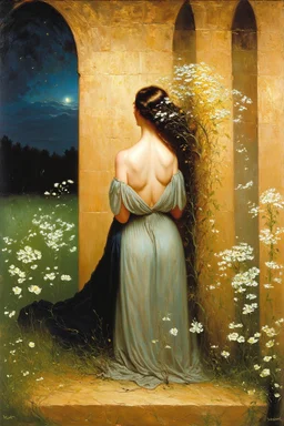Night, one woman, flowers, vegetations, gothic horror films influence, creepy, depressive, gloomy, witch influence, arnold bocklin, and henry fuseli paintings