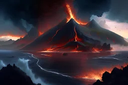 A spectacular landscape of a volcanic island, with a smoldering, ash-crowned peak rising majestically from the sea, and molten lava flowing into the steaming waters below.