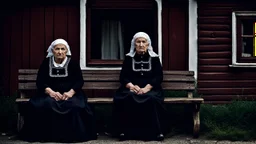 gloomy-looking old women sitting in black hungarian villager dress and wearing east european black head scharf on wooden bench in front of white old house outside in an authentic east european ,hungarian village, high detalied, professional photo, high qualit, high textures. The high-resolution image captures the essence of authenticity and realism, transporting the viewer to another time and place.