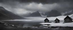 Photoreal menacing landscape photo of a medieval polar village and dark ice lake and darker clouds gathering over high mountains in the background with a demonic presence hovereing above, forgotten realms fantasy style by lee jeffries, otherworldly creature, in the style of fantasy movies, photorealistic, shot on Hasselblad h6d-400c, zeiss prime lens, bokeh like f/0.8, tilt-shift lens 8k, high detail, smooth render, unreal engine 5, cinema 4d, HDR, dust effect, vivid colors