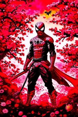 Spider-Man in black and red kimono background the pink Sakura tree