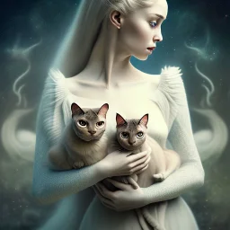 Single image: A Very Beautiful pretty dreamy Lady holding elegant Sphynx-like Siamese cat in eerie beautiful landscape art by Anka Zhuravleva, Sandy Welch, Jane Small, Aliza Razell, Eduard Veith, Joel Robison, Mikhail Vrubel, Ferdinand Hodler, Christoffer Relander, William Timlin, Charles Rennie Mackintosh, John Lowrie Morrison, Sidney Nolan. 3/4 Headshot, Volumetric lighting, 3d, mixed media, Best quality, crisp quality