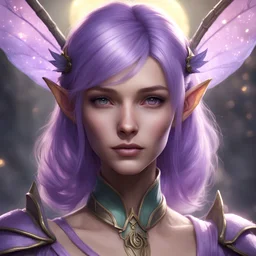portrait of a baldur's gate 3 faerie character. she is female, with a beautiful face and has pastel colored, firefly wings. she is an elemental sorcerer. she has pastel purple hair. she has a youthful, round face