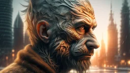 Double exposure, Wolfman, photorealism, man, city, sunset, snow, rain, fantasy, mystical, tattoo, vertical pupils, high detail, high resolution, 8K
