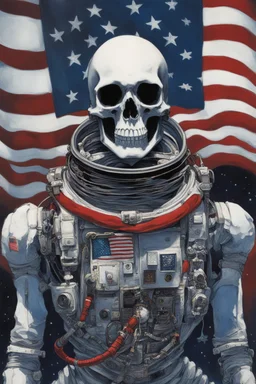 A close up of a skeleton face looking at the camera from a mysterious side view. Deep bony features and inside the hollow eyes are red shining lights, scary. Dressed in an astronaut suit floating in space. On his suit is an American flag and in his one hand is a small wavering American hand flag. From the back of his suit is blowing out blue, white and red smoke. Realistic, 8k, highly detailed, funny