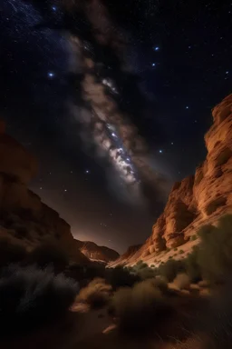 A night sky filled with stars in a brown canyon