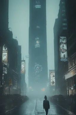 Gotham city, nostalgic, cold, dark blue, gloomy, heavy fog, 8k photorealistic, cinematic lighting, high details, dramatic, atmosphereric