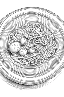 A fine line sketch drawing of the a pasta plate with very clean realistic details designed in a circle for a tattoo design