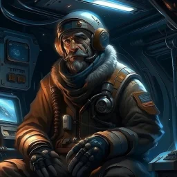 sci fi mechanic on space ship with ushanka