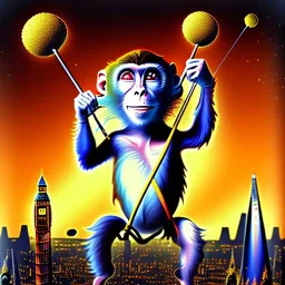 A monkey playing the drums, london skyline at night, in the style of Salvador Dali