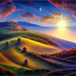 Tuscany hills, beautiful fantasy landscape, realistic and natural, cosmic sky, detailed full-color, nature, hd photography, fantasy by john stephens, galen rowell, david muench, james mccarthy, hirō isono, realistic surrealism, elements by nasa, magical, detailed, gloss, hyperrealism