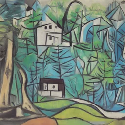 casinha em uma floresta com rio passando pintada por Pablo Picasso