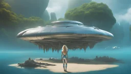 futuristic floating island suspended in the air, cities, fantasy, A woman with blond hair in a robotic silver catsuit, standing on the right of a partially submerged sleek crashed spaceship, on an alien beach, with towering alien trees, high details