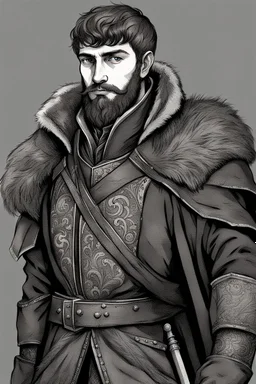 man, age 20, medieval, fighter, russian, croocked nose, czar, rich, simple clothes, short messy hair, thick beard, oligarch, leather coat with fur, brocade clothes, pencil drawing, black or red hair