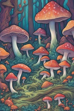 In the heart of the psychedelic forest, where the very air shimmered with vibrant hues and the world seemed to sway to an otherworldly rhythm, Fiona and Deery found themselves consumed by a fit of infectious laughter. The colors of the hallucinatory mushrooms seemed to have woven themselves into their very beings, turning their laughter into a symphony of joy that resonated through the forest. Fiona's laughter was a cascade of crystalline notes, as if each chuckle was a droplet of pure delight.