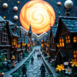 Detailed people, creepy street made of modeling clay and felt, village, stars, galaxy and planets, sun, volumetric light flowers, naïve, Tim Burton, strong texture, extreme detail, Yves Tanguy, decal, rich moody colors, sparkles, Harry Potter, bokeh, odd