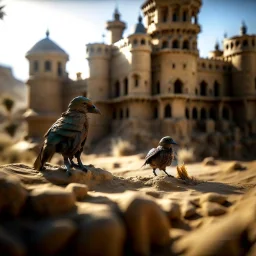 man bird in castle in the desert, photo-realistic, shot on Hasselblad h6d-400c, zeiss prime lens, bokeh like f/0.8, tilt-shift lens 8k, high detail, smooth render, down-light, unreal engine, downlight