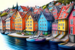 Colored pencil drawing, Very detailed, Drawing of the colorfull houses in the city Bergen in Norway. Colorfull, professional, detailed, pencil strokes, calm composition, zoom out, very detailed and realistic