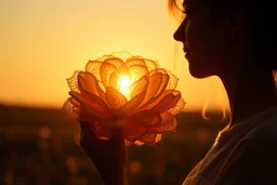 A panoramic mixed-media scene in a 3:1 format, with a silhouetted woman holding a large lace flower glowing in the golden light of sunset. The flower, made of layered cream and blush doilies, catches the warm rays