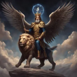 A god-like man with infinite power who holds the galaxies and wears a beautiful crown, a jewel made of diamonds and galaxies with weapons, riding on a lion with an eagle's head and eagle's wings.