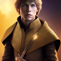 model shoot style, digital art portrait of (young Luke Skywalker) ((dressed in jedi tunic)), surrounded by 100 planets, ultra-detailed, ultra quality illustration, eerie atmosphere, 8k, cinematic lighting