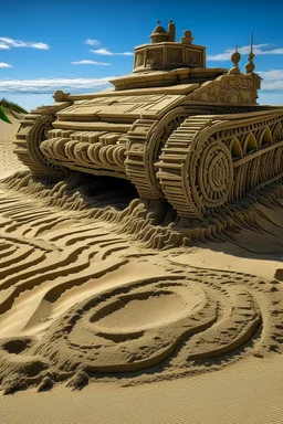 a military tank intricate scultpure , intricate sand art in a beach, sand sculpted,