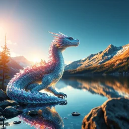 Award-winning Ultra-realistic fantasy wildlife photography of a majestic crystal dragon resting beside a pristine alpine lake, breathtaking gemstone scales reflecting dramatic sunrise light, extraordinary realism, captured as if photographed in the wild by a National Geographic photographer, cinematic atmosphere, ultra detailed, masterpiece,, 64k