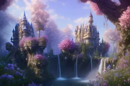 a fairy tale style, with anda indigo castle，waterfall, flowering trees, full of details, matte painting, concept art, smooth, bright sunshine，soft light atmosphere, blender unreal engine，light effect，rtx on，vaporwave colorful, artstation, concept art, smooth, extremely sharp detail, finely tuned detail, ultra high definition, 8 k, unreal engine 5, ultra sharp focus, illustration, magic ambient,