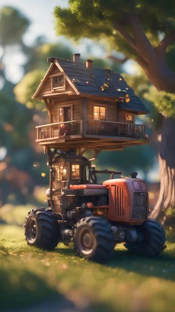 tractor with a tree house on top,bokeh like f/0.8, tilt-shift lens 8k, high detail, smooth render, down-light, unreal engine, prize winning