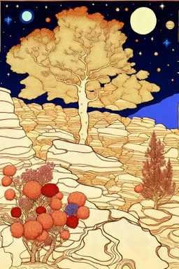 Peaceful, Egon Schiele, Max Ernst, night sky filled with galaxies, planets and stars, rock formations, trees, flowers, one-line drawing, sharp focus, 8k, deep 3d field, intricate, ornate, one million strokes, colored