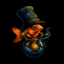 Un pez dorado dentro de una pecera fumando una pipa con sombrero de Sherlock al estilo Van Gogh