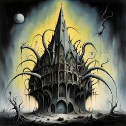 Cathedral of the boll Weevil, treacheries of an aging bladder, bespoiled mealworm, by stephen Gammell, by Michael Whelan, by Yves Tanguy, surreal horror, emotionally disturbing, sinister yet playful, vibrant colors, high contrast, Whelan's distinctive visceral horror style and detailed line work.