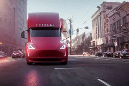 A Tesla 'Semi' (semi truck) is going at a high speed, on the streets of San Francisco. (CINEMATIC, WIDE ANGLE LENS, PHOTO REAL)