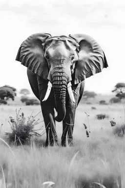 Black and white elephant standing in a grassland