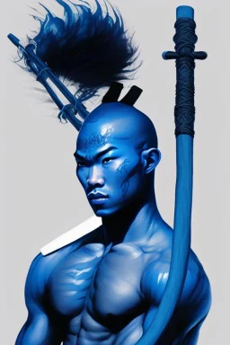 A young male water genasi with deep blue skin color, water shape hair on head. Shaolin monk with long stick weapon, kung fu master, martial art