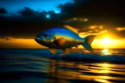 A huge golden blue fish ascends into the sea. The time of day is night.