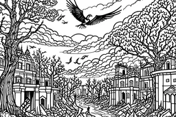 black and white line drawing captures a mysterious landscape. In the distance, a forest burns with towering flames that reach into the skies, while fiery burning birds soar across the apocalyptic horizon. Earthly creatures are in a frenzy, fleeing towards an unknown horizon as they seek refuge from the unfolding chaos. Amongst the desolation, ruins of buildings stand as silent witnesses to the calamity. To the right, bewildered crowds of people gather, their faces reflecting fear and uncertainty