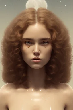 1970's porno model , cute, big droopy eyes, angelic face with minor blemishes, beautiful, long orange flowing hair, wavy hair, curly hair، black eyes, head and shoulders portrait, cinematic, misty atmosphere, 8k, resolution concept art portrait by Greg Rutkowski, Artgerm, WLOP, Alphonse Mucha dynamic lighting hyperdetailed intricately detailed, bokeh, Stunning 8k ektar film scan