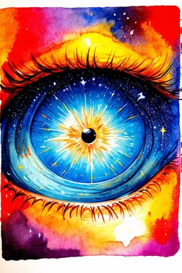 "You hypocrite, first take the plank out of your own eye, and then you will see clearly to remove the speck from your brother’s eye" is a vividly bold, mesmerizing watercolor masterpiece that redefines Modern Lowbrow Celestial art, showcasing a harmonious blend of vibrant colors.
