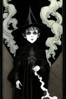 7 year old boy, necromancer, friendly, looks dead, surrounded by weird smoke with eyes, wearing black robes, in the style of Harry Clarke