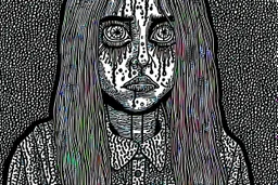 create a disturbing horror full body pen and ink sketch of a dark haired, savage, gothpunk vampire girl with highly detailed , sharply defined hair and facial features, in a dark, otherworldly London in the style of Junji Ito, precisely drawn, inked, with dramatic edges,