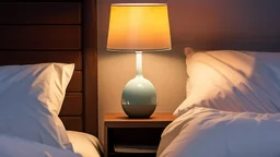 woman in bed with a bedside lamp and a cup of tea on the bedside table