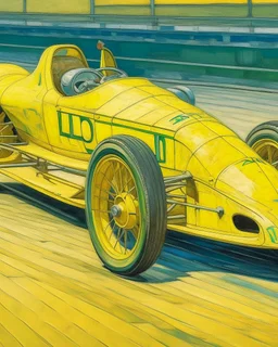 A light yellow racecar on a race track painted by Vincent van Gogh