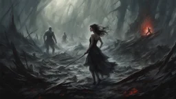 Dark fantasy world, girl, battle, mist, battlefield, Lovecraft's Monster in the background, dark colors, Raymond Swanland & Alyssa Monks & Anna Razumovskaya