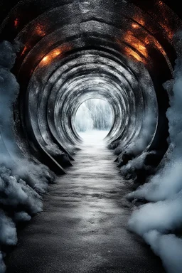 beautiful ice tunnel leading to metal doors, explosions behind the ice