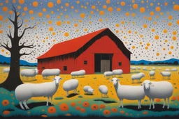 old barn in Style: Yayoi Kusama artist. landscape, pastoral, sheep